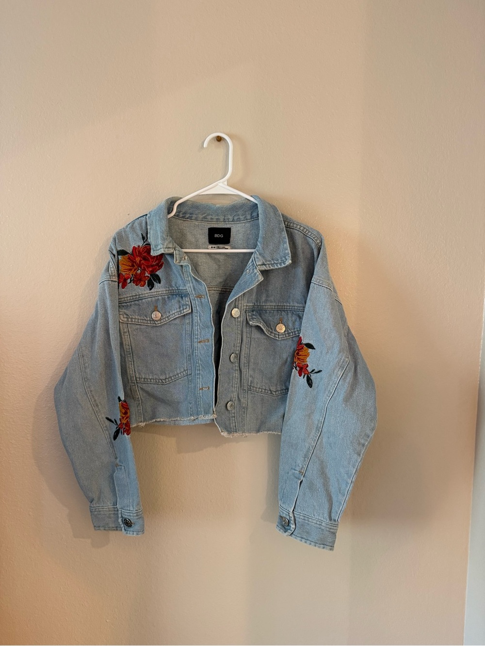 BDG Light Blue Cropped Denim Jacket with Red Floral Embroidery